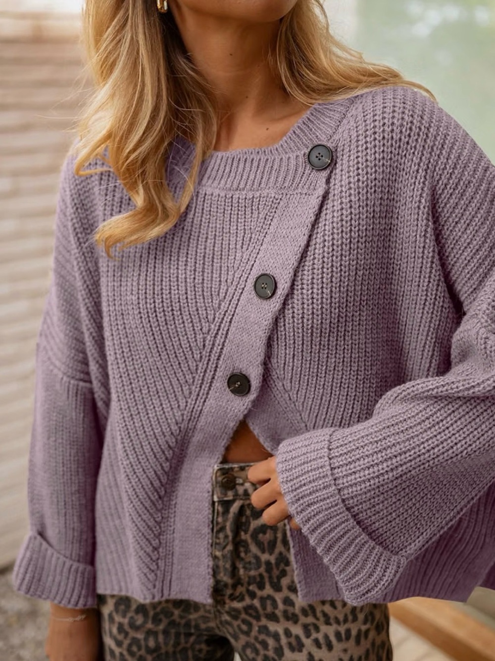 Chunky Button-Down Crewneck Sweater Cardigan - Lavender size large